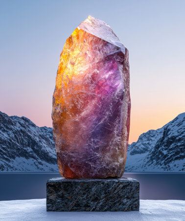 Vibrant crystal formation against snowy mountain backdropの素材