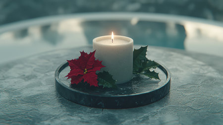 cozy winter candle with holly leavesの素材