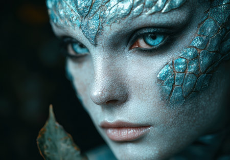 Mystical Creature with Cracked Skin and Piercing Blue Eyesの素材
