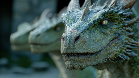 Close-up of a fierce-looking dragon with intricate scales and piercing eyesの素材