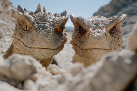 Pair of scaly reptilian creatures with glowing eyesの素材