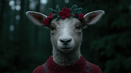 festive sheep with floral crownの素材