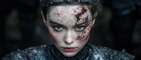 Intense portrait of a young person with blood and bruises on their faceの素材