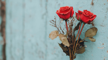 Vibrant red roses against a soft blue backgroundの素材