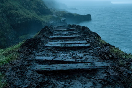 Dramatic rocky coastline with stairs leading down to the oceanの素材