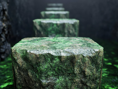 Textured green stone pedestal with dark backgroundの素材