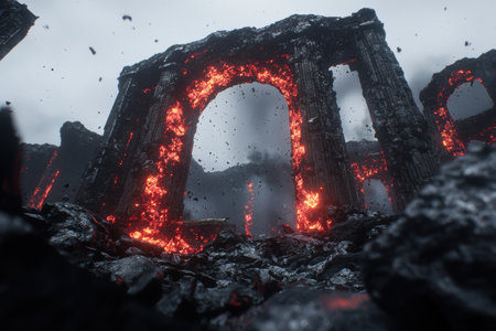 Apocalyptic archway in fiery ruinsの素材