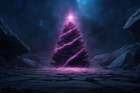 Glowing cosmic christmas tree in winter landscapeの素材
