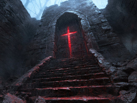 Mysterious red cross in dark stone archwayの素材