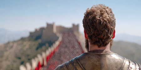 man looking at ancient castle ruins in the distanceの素材