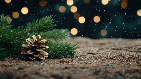 winter holiday scene with pine branches and golden pine coneの素材
