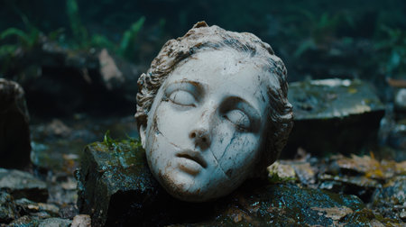 Weathered stone statue face in natureの素材