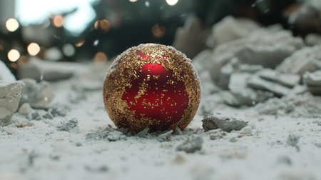 Glittering christmas ornament in snowy sceneの素材