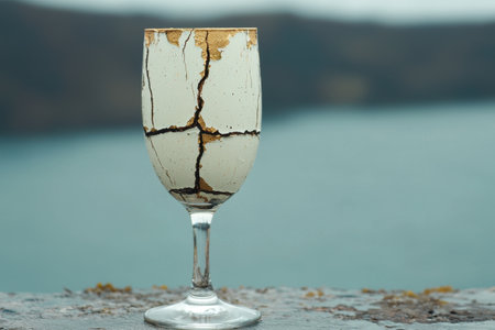 Cracked glass wine goblet on a textured backgroundの素材