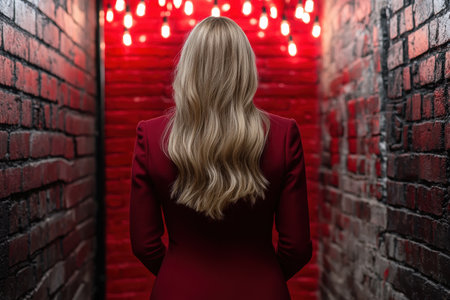 woman in red jacket with long blonde hairの素材
