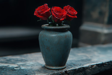 Vibrant red roses in a rustic vaseの素材