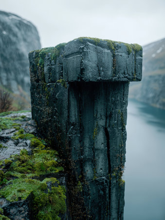 Rugged moss-covered rock formation overlooking a serene lakeの素材