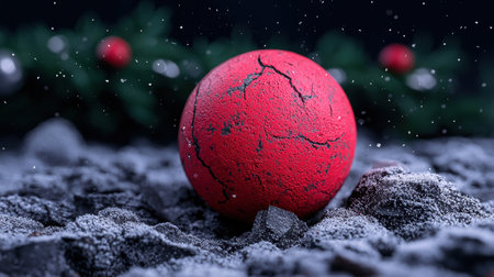 Cracked red ball in snowy landscapeの素材