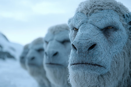 Closeup of a furry blue creature with a serious expressionの素材