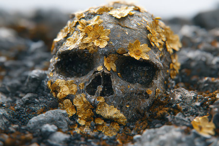 Skull-shaped rock covered in golden flowersの素材