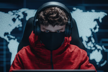 mysterious hacker in red jacket with world map backgroundの素材