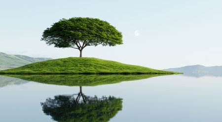 serene landscape with solitary tree reflecting in calm lakeの素材