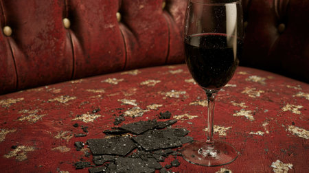 red wine glass on a vintage tableの素材