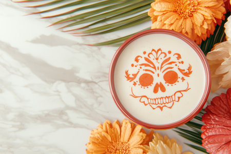 Vibrant orange floral arrangement with decorative skull designの素材