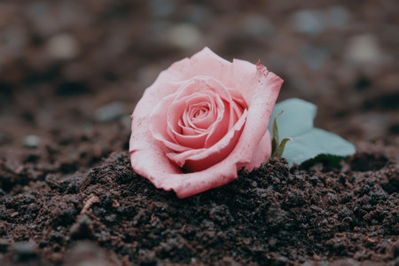 Delicate pink rose blooming in soilの素材