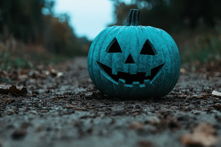 Spooky turquoise jack-o'-lantern in the forestの素材
