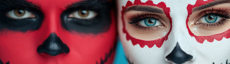 Dramatic face paint with red and black designの素材