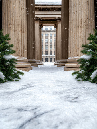 Snowy entrance to grand buildingの素材