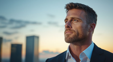 Pensive businessman looking out over city skylineの素材