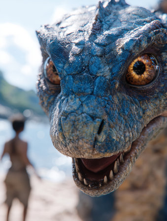 close-up of a fierce-looking lizard with vibrant blue scales and piercing eyesの素材