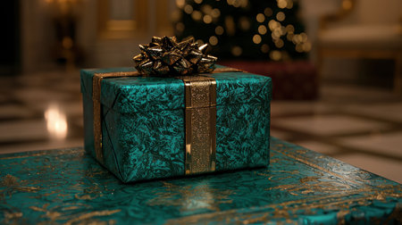 elegant christmas gift box with golden bowの素材