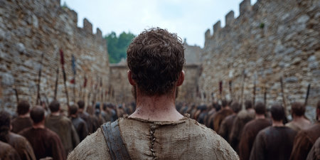 warrior leading army in medieval battleの素材