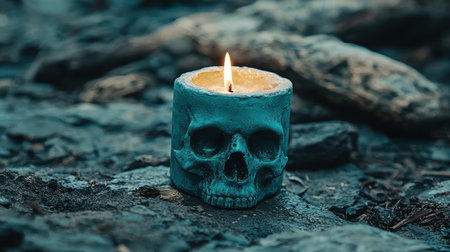 Mysterious skull candle in dark, moody settingの素材