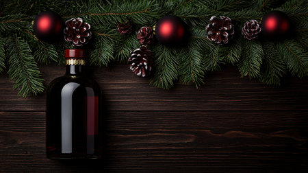 Red wine bottle with christmas decoration on wooden background. Top view.の素材