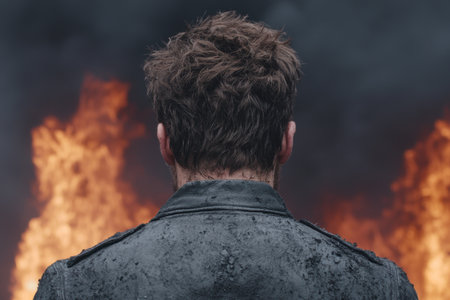 Rear view of a man standing in front of a burning houseの素材