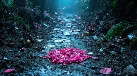 Enchanted forest path with vibrant pink petalsの素材