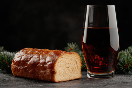 Freshly baked bread and red wine on dark backgroundの素材