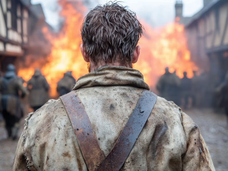 man in battle-worn uniform amid burning buildingsの素材
