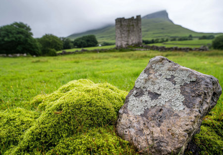 Moss-covered stone in a lush green field with a historic castle tower in the backgroundの素材