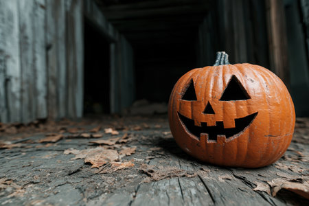 Spooky halloween jack-o-lantern pumpkin on dark wooden floorの素材