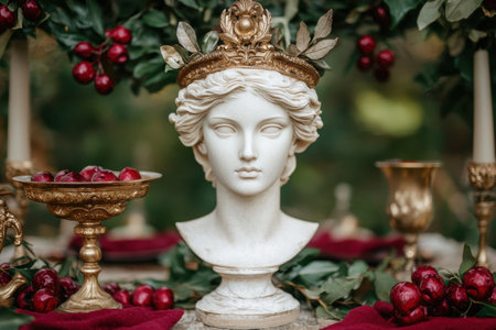 elegant bust statue with golden crown and cherriesの素材