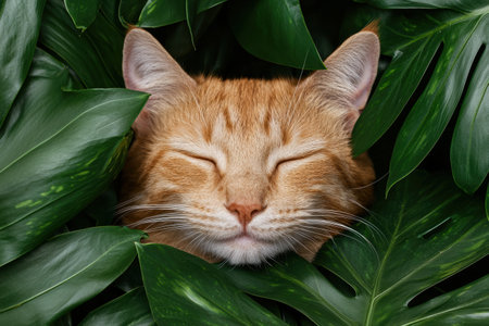 Sleeping ginger cat hidden in lush green leavesの素材