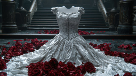 Elegant wedding dress surrounded by red rosesの素材