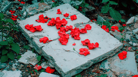 Vibrant red flower petals scattered on a concrete surfaceの素材