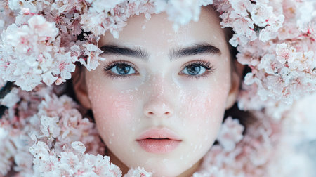 woman surrounded by pink blossomsの素材