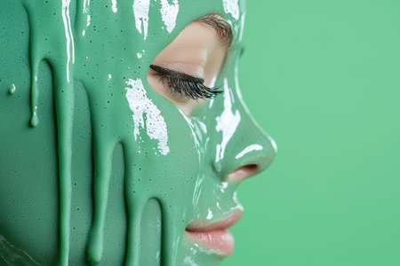 close-up of a person's face with a green backgroundの素材